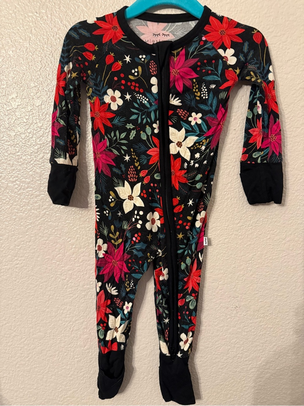 Floral Holiday Zip-Front Kids One-Piece Pajamas - Black/Pink/Red